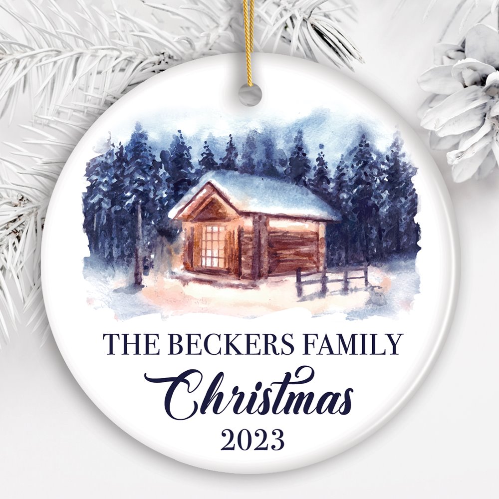 Watercolor Personalized Family Christmas Ornament, Home In The Woods Landscape Ceramic Ornament OrnamentallyYou Circle 