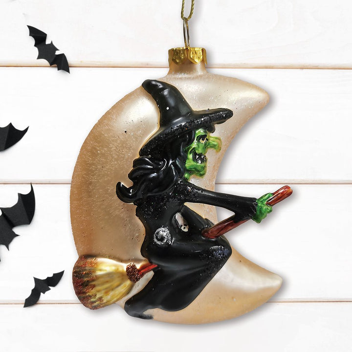 Wicked Witch and Crescent Moon Glass Christmas Ornament, Spooky Halloween Gift Glass Ornament OrnamentallyYou 