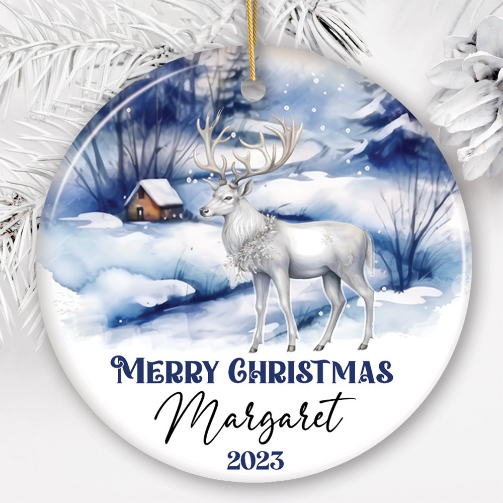 Winter Wonderland White Deer Personalized Ornament, Majestic Christmas Gift Ceramic Ornament OrnamentallyYou Circle 