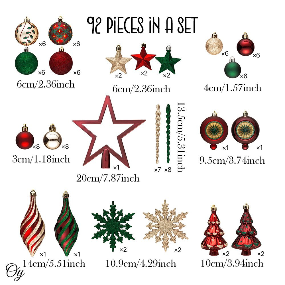 Alluring Large Christmas Ornament Set, Unique Red Green and Gold Baubles, 92 Charms and Snow Covered Trees with Dark Red Tree Topper Ornament Bundle OrnamentallyYou 