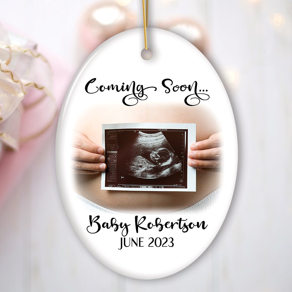 Baby Coming Soon Pregnant Mother Custom Photo Ornament, Personalized Pregnancy Announcement Sonogram Gift Ceramic Ornament OrnamentallyYou Oval 