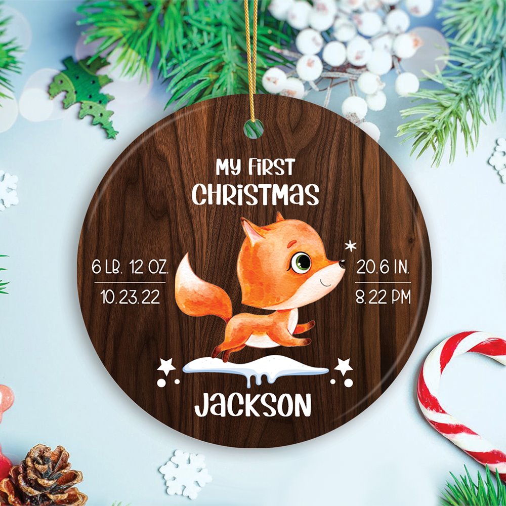 Baby’s First Christmas Ornament Fox Theme with Date, Time, and Weight Ceramic Ornament OrnamentallyYou 