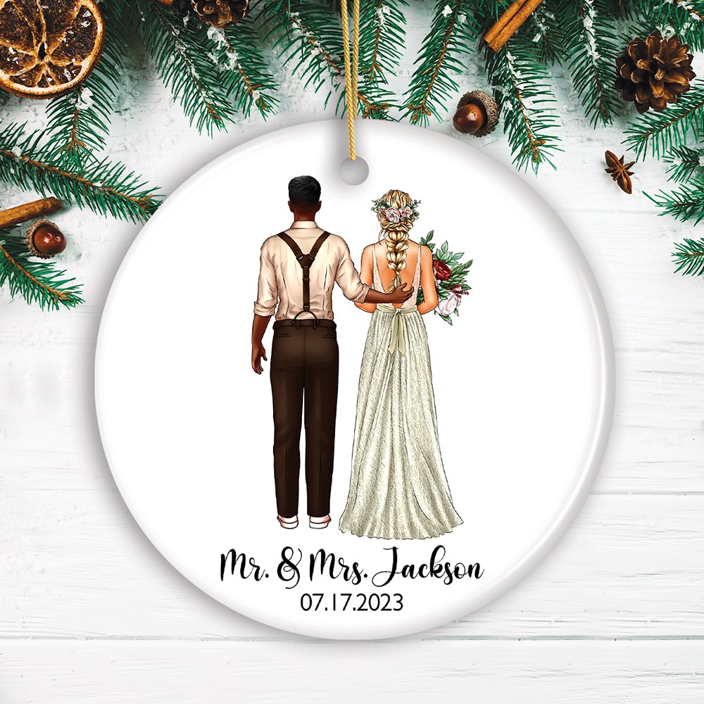 Boho Wedding Customized Ornament Featuring Bride and Groom’s New Last Name and Date Ceramic Ornament OrnamentallyYou Circle 