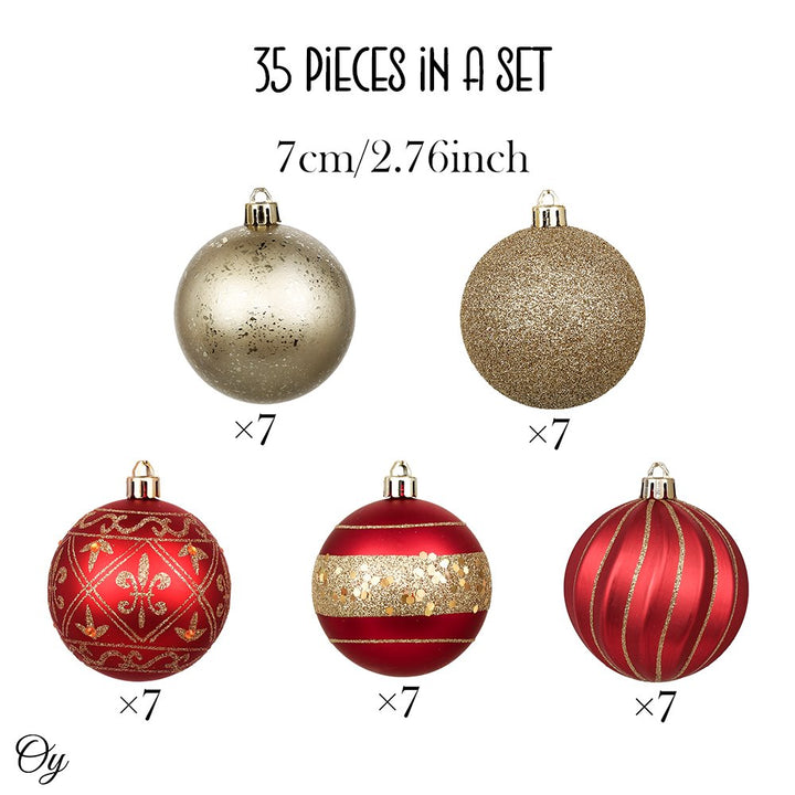 Charming Set of 35 Red and Gold Color Ornament Baubles, Christmas Tree Set Ornament Bundle OrnamentallyYou 