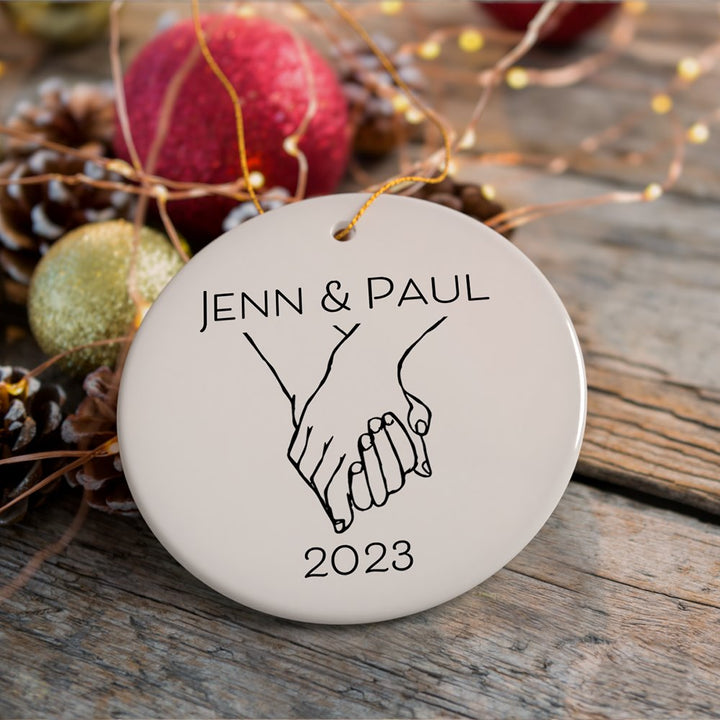Couple Hand In Hand Outline Personalized Ornament, Custom Name Valentine's Day Gift Ceramic Ornament OrnamentallyYou Circle 