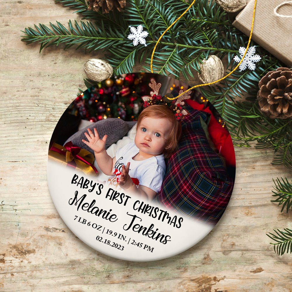 Custom Photo Baby’s First Christmas Tree Ornament, Newborn Size and Weight Ceramic Ornament OrnamentallyYou 