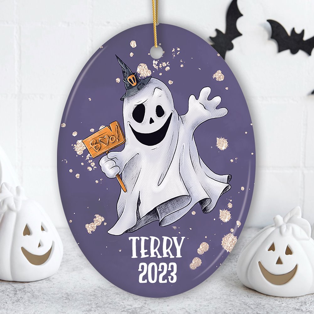 Customized Spooky Ghost Phantom Playful Halloween Ornament Ceramic Ornament OrnamentallyYou Oval 