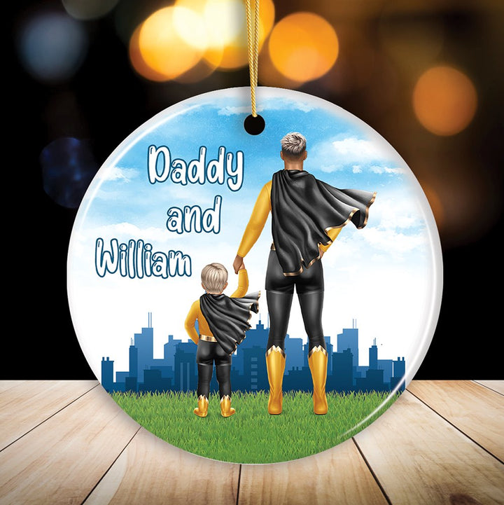 Dad and Son Personalized Superhero Ornament, A Father’s Little Boy Christmas Gift Ceramic Ornament OrnamentallyYou 