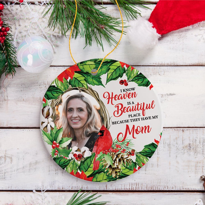 Deceased Family Wreath Portrait Personalized Ornament, Heaven is a Beautiful Place Quote with Cardinal Art Ceramic Ornament OrnamentallyYou 