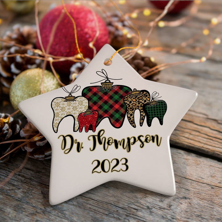 Dentist Buffalo Plaid Personalized Christmas Ornament, Funny Dental Student Gift Ceramic Ornament OrnamentallyYou Star 