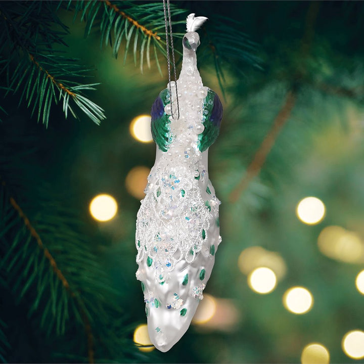Elegant Winter Peacock Glass Christmas Ornament OrnamentallyYou 