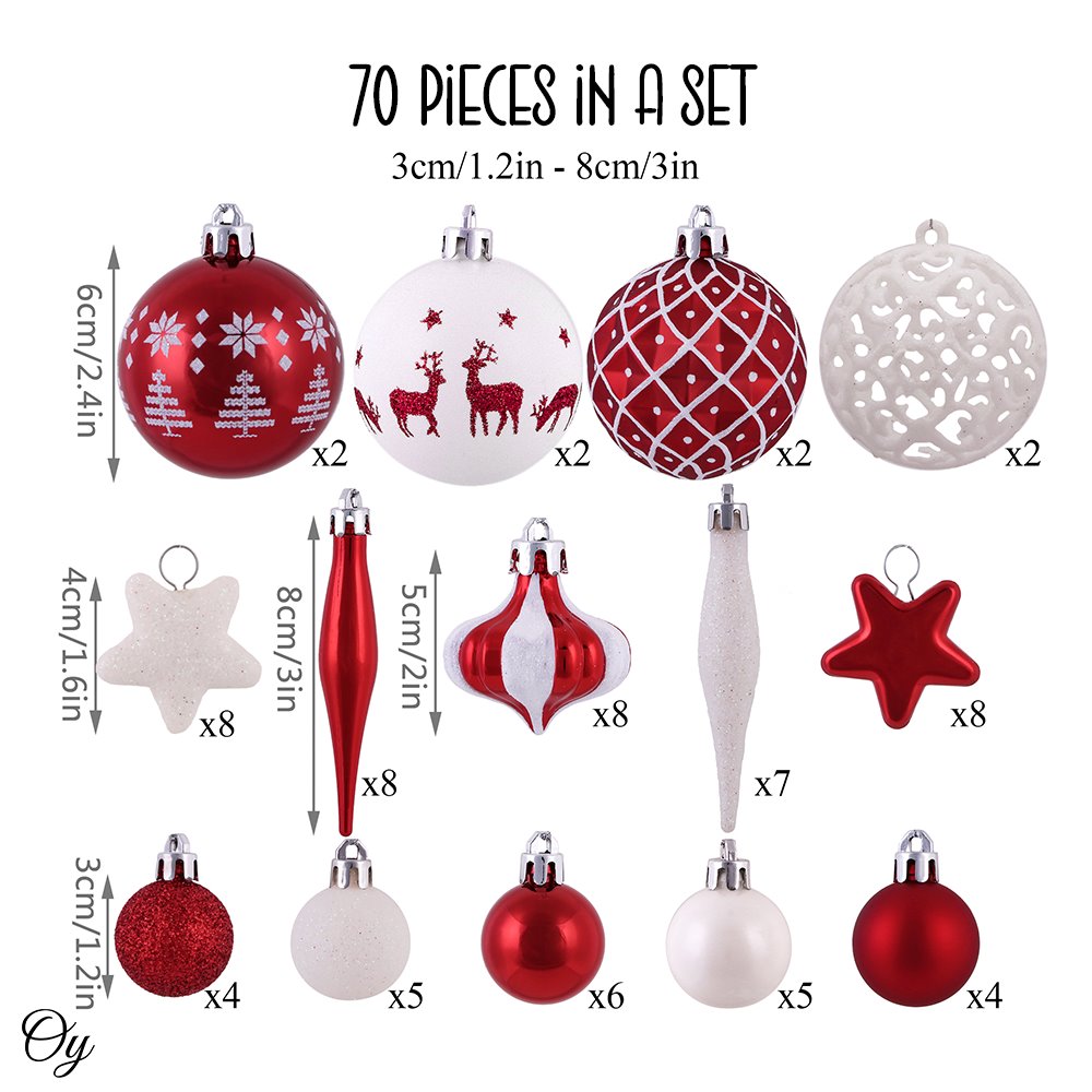 Endearing Prominent Red and White Christmas Ornament Set, Bauble Bundle with Candycane Colors and Patterns 70 Pieces Ornament Bundle OrnamentallyYou 