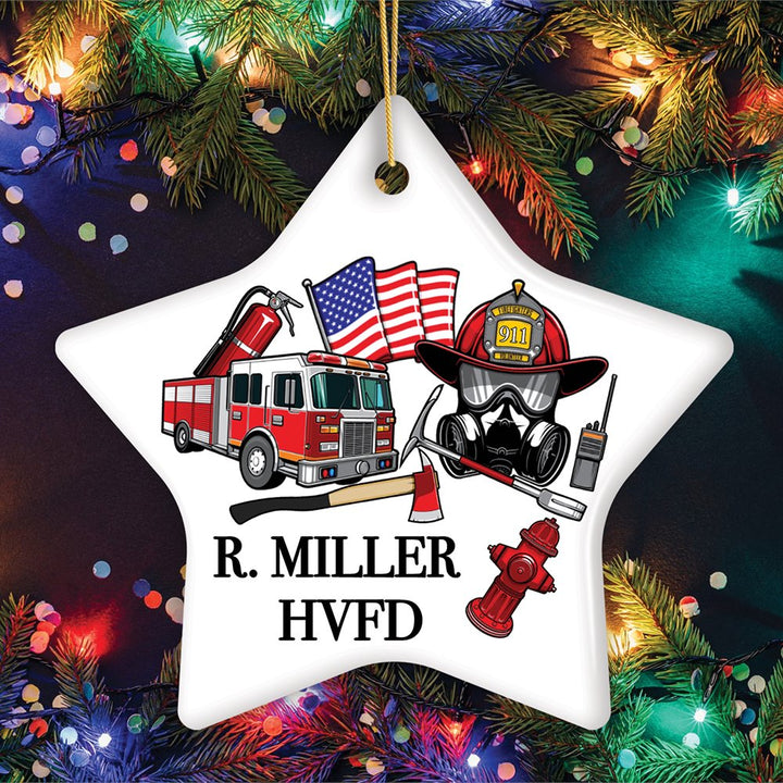 Firefighter Personalized Ornament, Fireman Christmas Appreciation Gift with Custom Name Ceramic Ornament OrnamentallyYou Star 