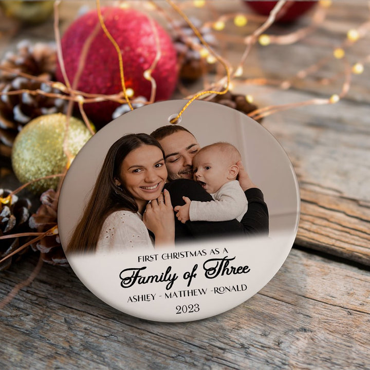 First Christmas Family of Three Personalized Photo Ornament, New Baby Portrait Gift Ceramic Ornament OrnamentallyYou 