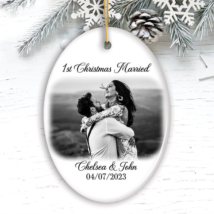 First Christmas Married Personalized Photo Ornaments, Mr And Mrs Wedding Gift Ceramic Ornament OrnamentallyYou Oval 