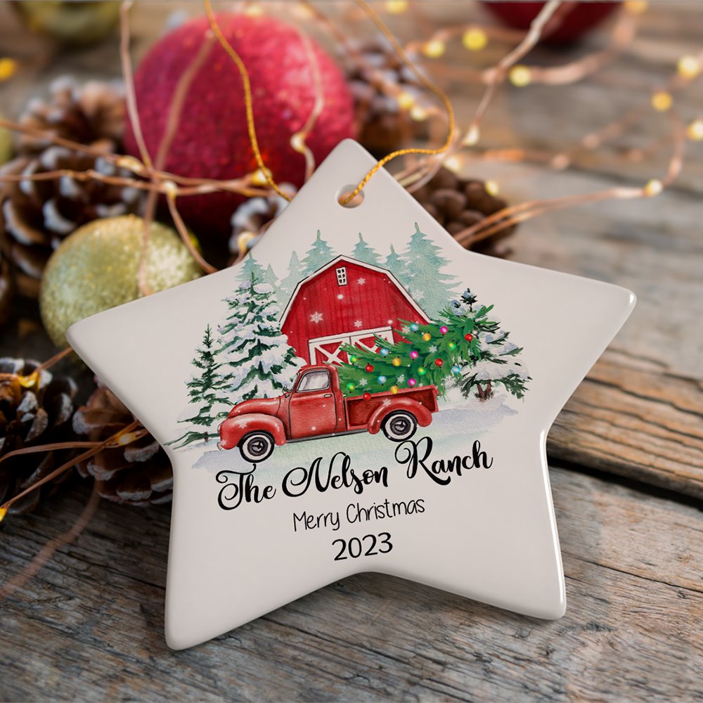 First Christmas on The Farm Personalized Ornament, Red Truck Housewarming Family Gift Ceramic Ornament OrnamentallyYou Star 