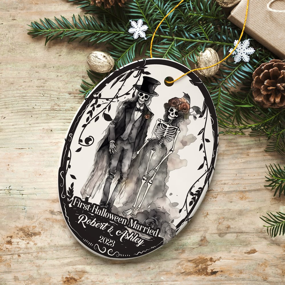 First Halloween Married Personalized Ornament, Mr And Mrs Skeleton Wedding Gift Ceramic Ornament OrnamentallyYou Oval 