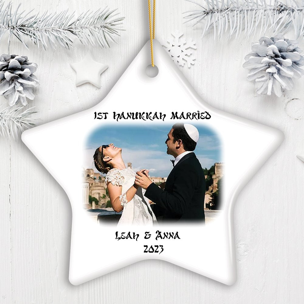 First Hanukkah Married Personalized Photo Ornaments, Engagement Gift Ceramic Ornament OrnamentallyYou Star 