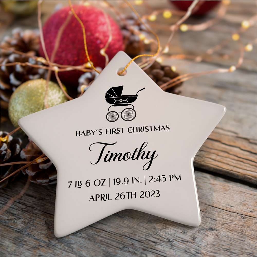 Fully Detailed Baby’s First Christmas Personalized Ornament with Weight and Birth Year Ceramic Ornament OrnamentallyYou Star 