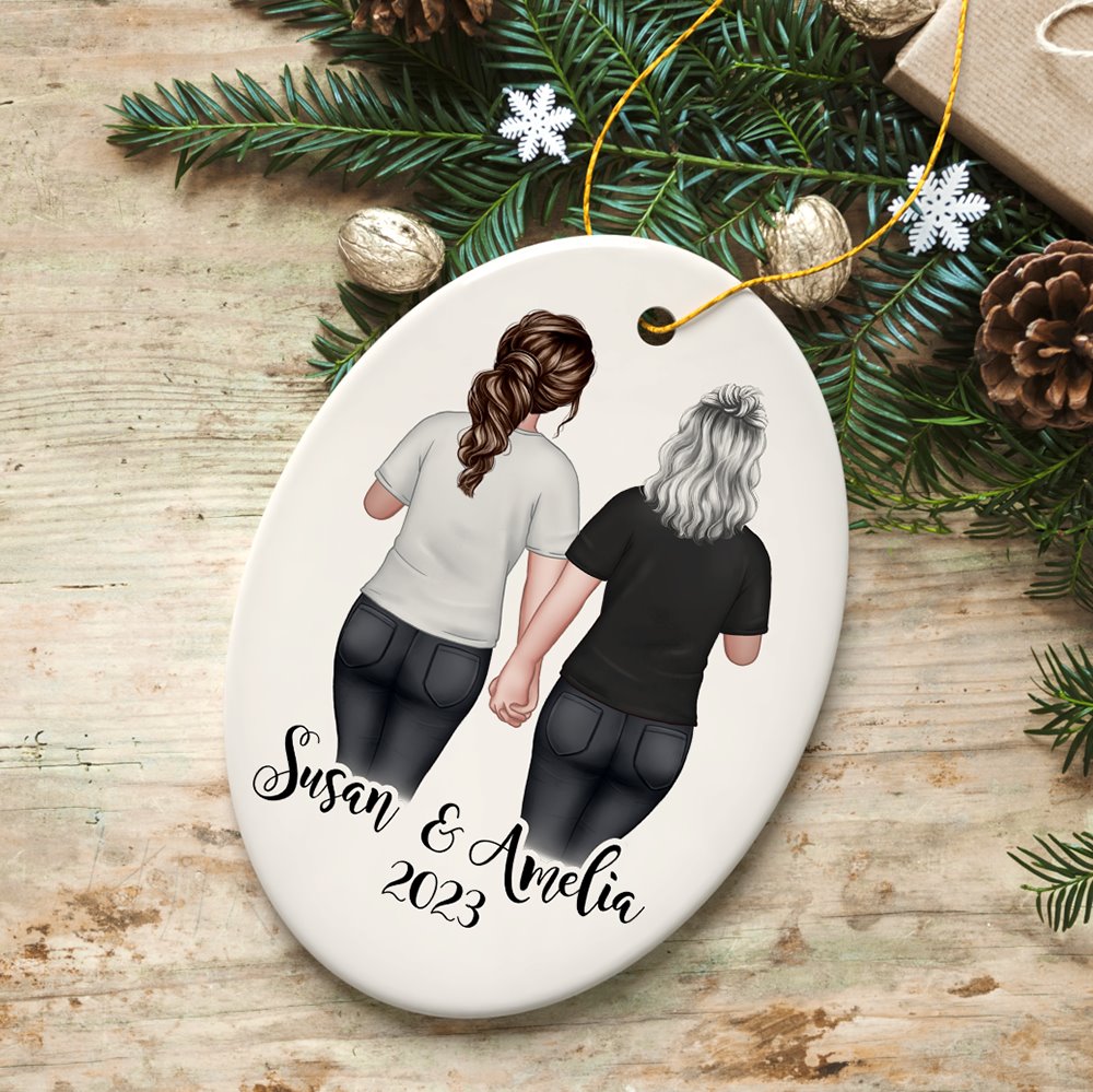 Gay Pride Women Couple with Rainbow Flag Personalized Christmas Ornament, LGBT and Lesbian Activism Ceramic Ornament OrnamentallyYou Oval 