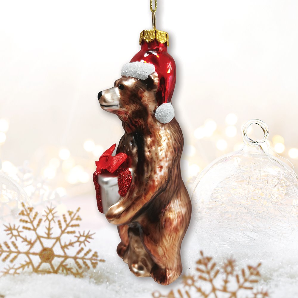 Grizzly Bear with Santa Hat and Gift Glass Christmas Ornament Glass Ornament OrnamentallyYou 