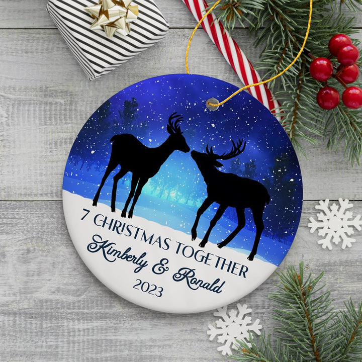 Majestic Deer Anniversary Personalized Gift for Couple, Romantic Christmas Ornament, Xmas Together Keepsake Gift Ceramic Ornament OrnamentallyYou Circle 