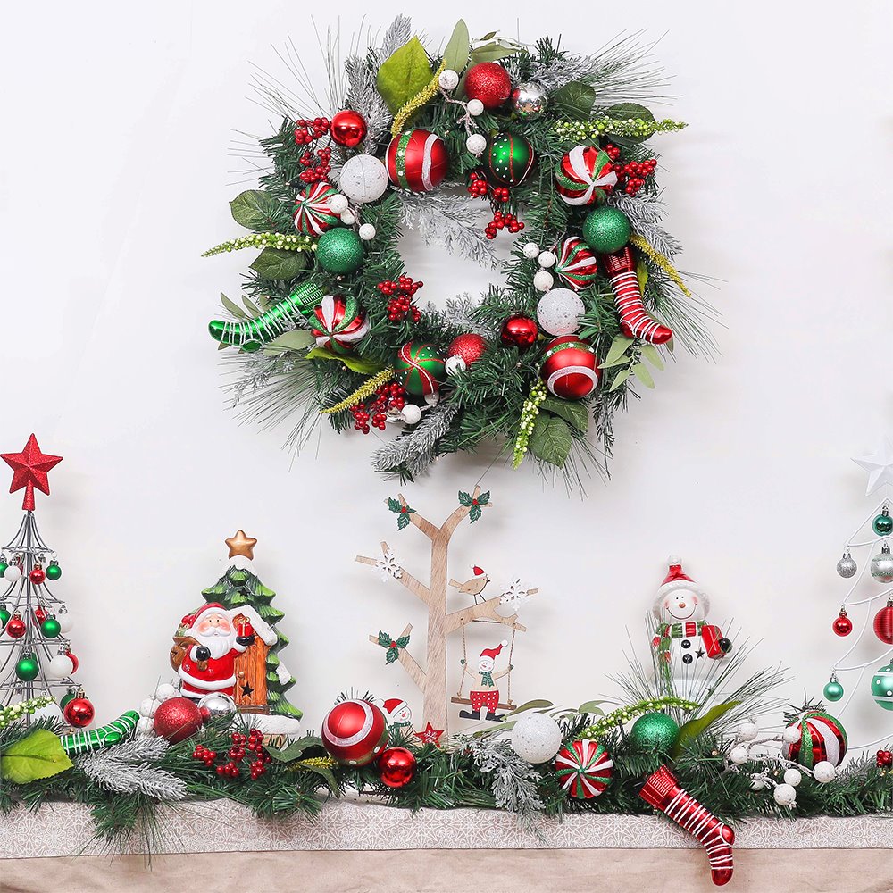 Merry and Bright Bold Christmas Sparkling Wreath, Red and Green Onrament Baubles and Stocking Decor , Holiday Door Wreath OrnamentallyYou 