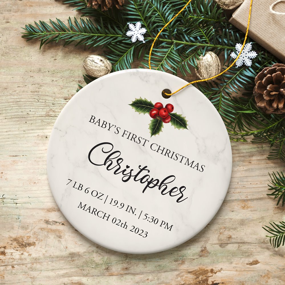 Minimalist First Baby Christmas Personalized Ornament with Date, Time, and Weight Ceramic Ornament OrnamentallyYou 