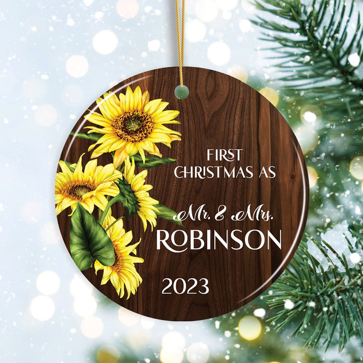 First Christmas as Mr and Mrs Rustic Sunflower Personalized Christmas Ornament, Wedding Couple Gift Ceramic Ornament OrnamentallyYou 