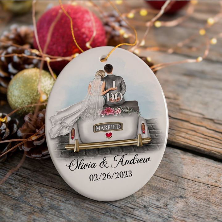Newlywed Just Married Custom Keepsake Ornament, First Christmas as Husband and Wife Gift Ceramic Ornament OrnamentallyYou Oval 