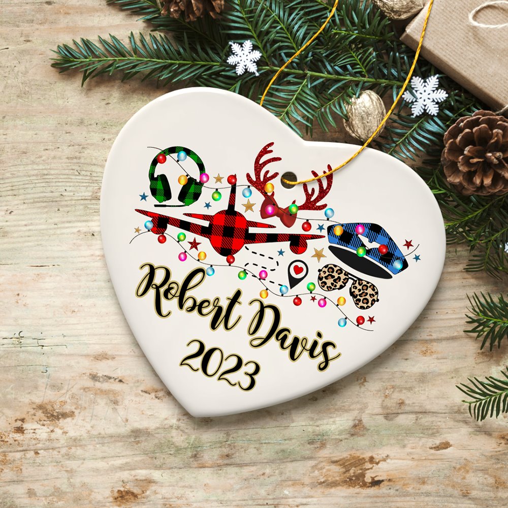 Personalized Airplane Pilot Buffalo Plaid Christmas Ornament, Flight Aircraft Crew Gift Holiday Decoration Ceramic Ornament OrnamentallyYou Heart 