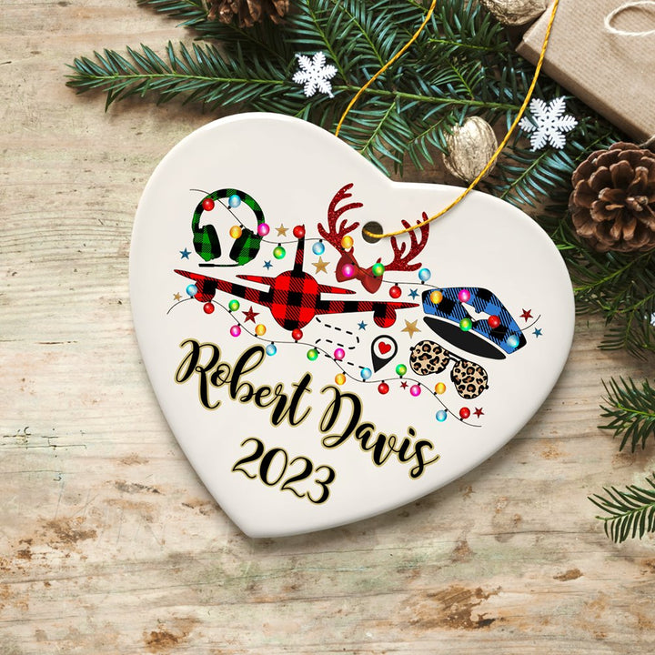 Personalized Airplane Pilot Buffalo Plaid Christmas Ornament, Flight Aircraft Crew Gift Holiday Decoration Ceramic Ornament OrnamentallyYou Heart 