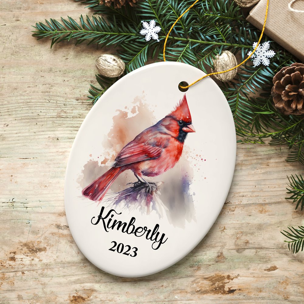 Personalized Artistic Cardinal Watercolor Ornament, Custom Name and Date Gift Ceramic Ornament OrnamentallyYou Oval 