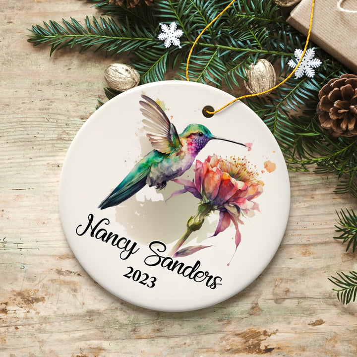 Personalized Artistic Hummingbird Watercolor Ornament, Custom Name and Date Gift Ceramic Ornament OrnamentallyYou Circle 