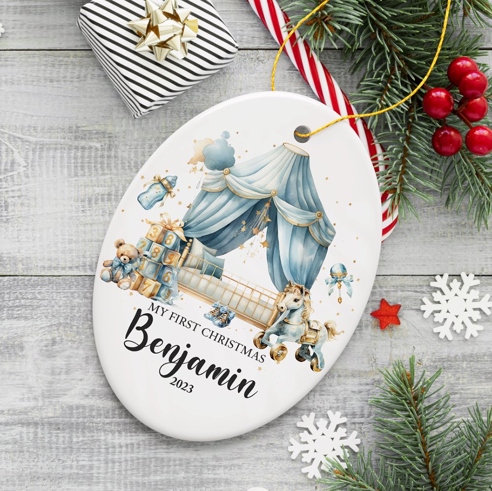 Personalized Baby Boy First Christmas Ornament, Treasured Newborn Holiday Debut Gift Ceramic Ornament OrnamentallyYou Oval 