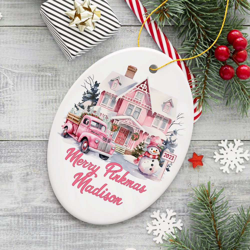 Personalized Beauty Watercolor Pink Winter Scene Ornament, Merry Pinkmas Custom Name Gift Ceramic Ornament OrnamentallyYou Oval 