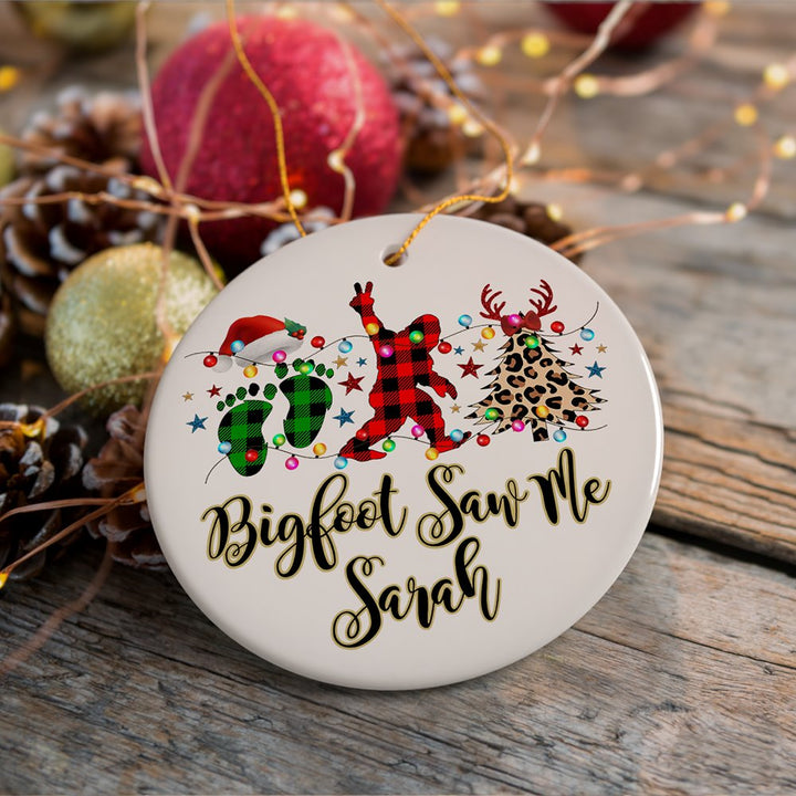 Personalized Bigfoot Buffalo Plaid Christmas Ornament, Sasquatch Holiday Decoration Ceramic Ornament OrnamentallyYou Circle 