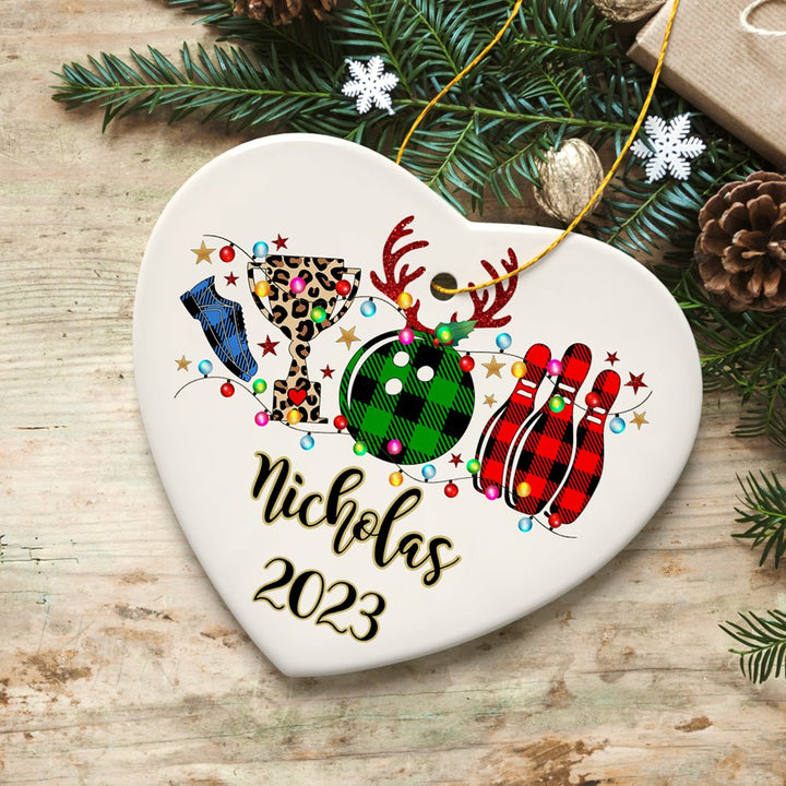 Personalized Bowling Buffalo Plaid Leopard Christmas Ornament, Ball Pins and Trophy Ceramic Ornament OrnamentallyYou Heart 