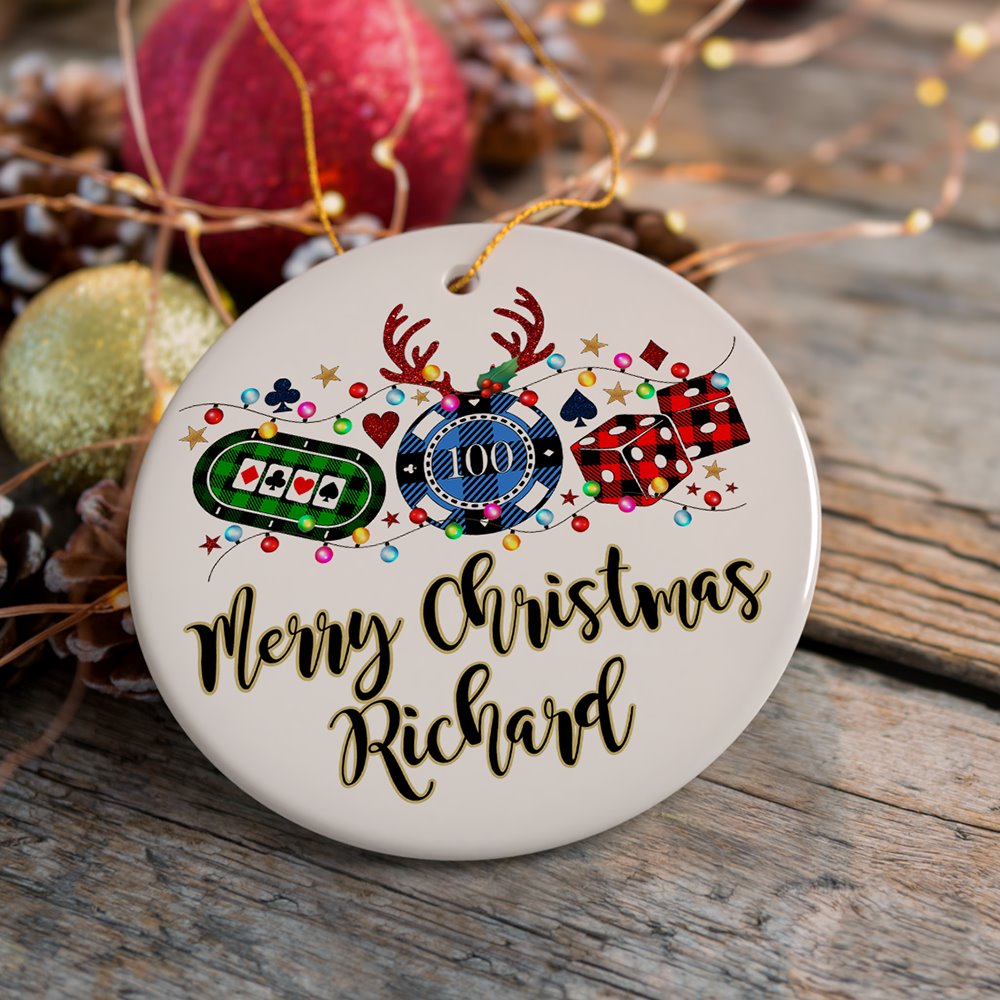 Personalized Casino Buffalo Plaid Christmas Ornament, Poker and Dice, Player and Staff Gift Ceramic Ornament OrnamentallyYou Circle 