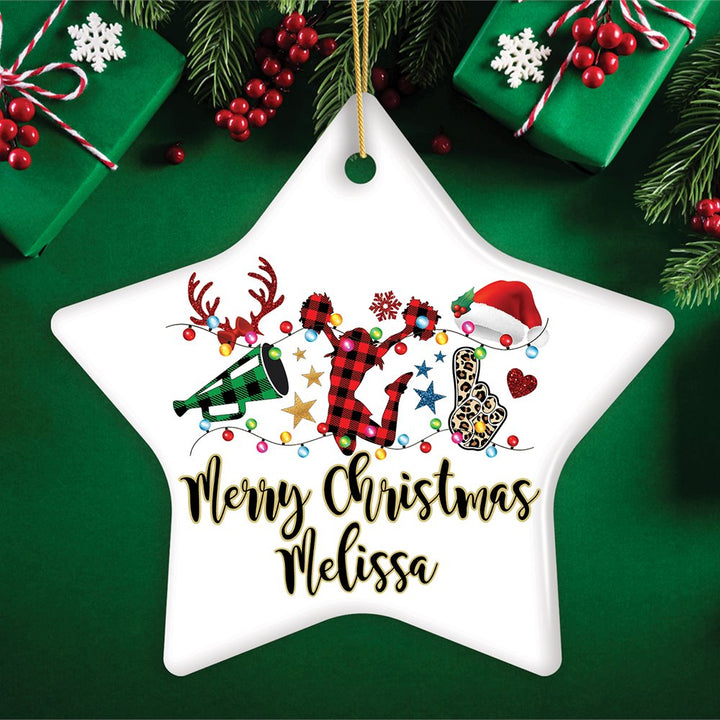 Personalized Cheer Buffalo Plaid Leopard Merry Christmas Ornament, Cheer Team or Coach Gift Ceramic Ornament OrnamentallyYou Star 