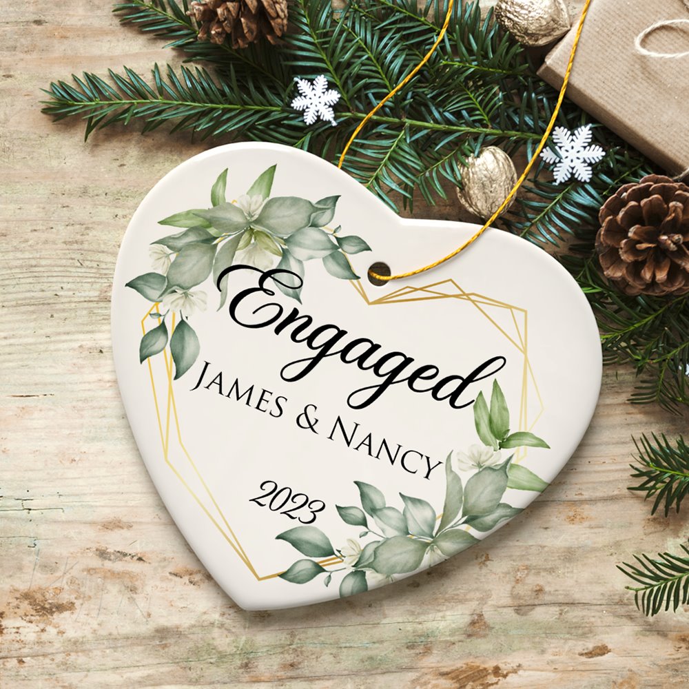 Personalized Engaged Ornament with Heart Flower Frame, Custom Name and Date Gift for Couple Ceramic Ornament OrnamentallyYou 