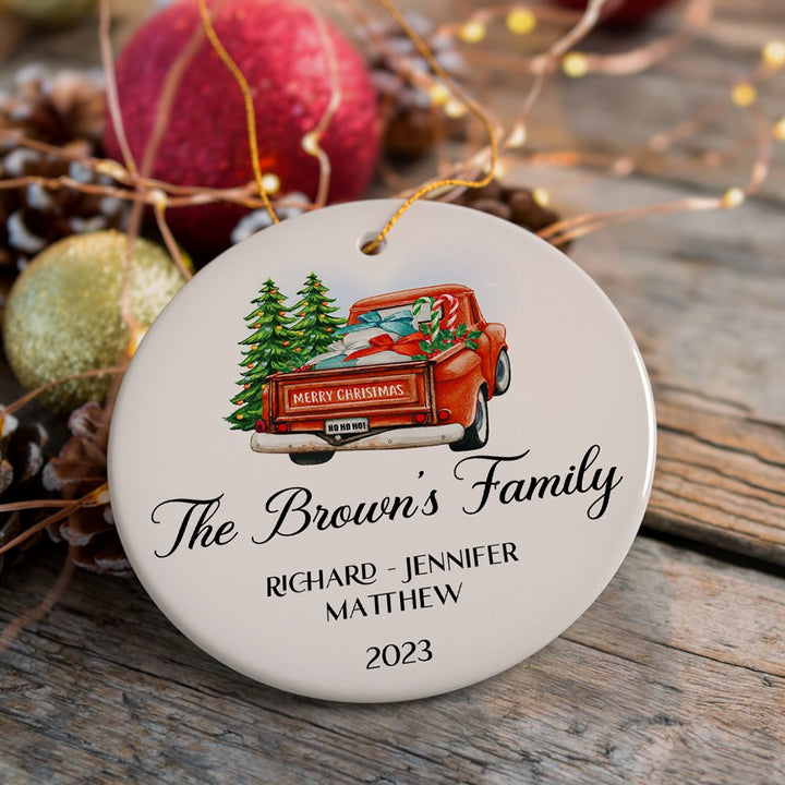 Personalized Family Christmas Ornament With Red Truck, Custom Name For All Family Members Ceramic Ornament OrnamentallyYou 