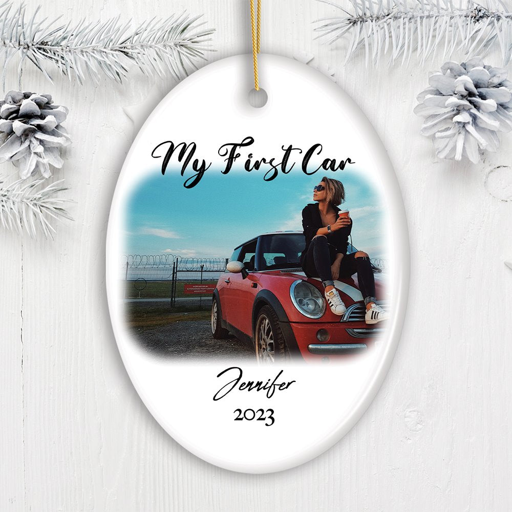 Personalized First Car Photo Ornament, New Driver Picture Custom Christmas Family Gift Ceramic Ornament OrnamentallyYou Oval 