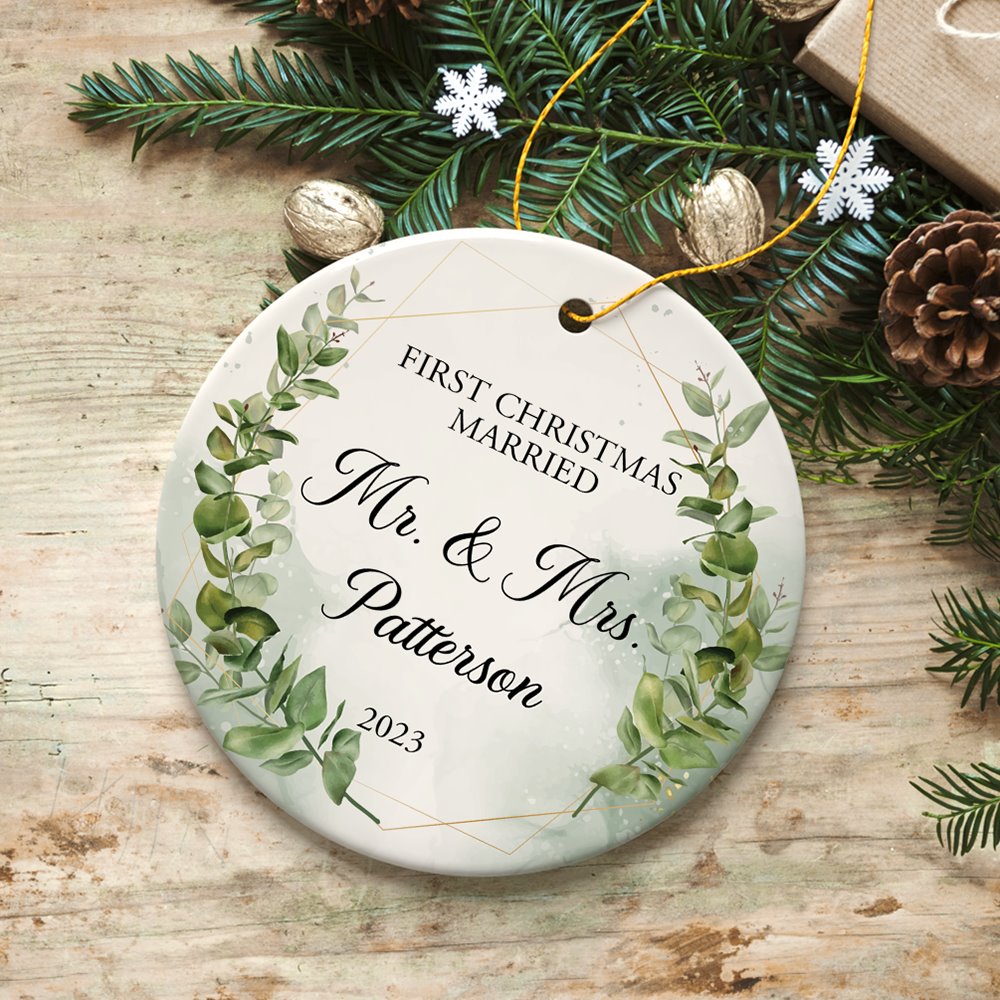 Personalized First Christmas Married as Mr and Mrs Ornament, Elegant Gift with Custom Last Name Ceramic Ornament OrnamentallyYou 