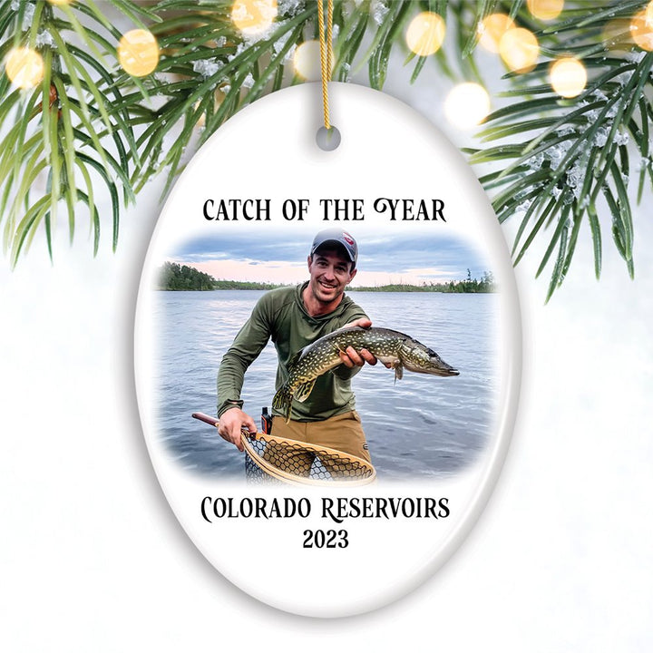 Personalized Fishing Keepsake Ornament Gift, Catch of the Year Photo Ceramic Ornament OrnamentallyYou Oval 