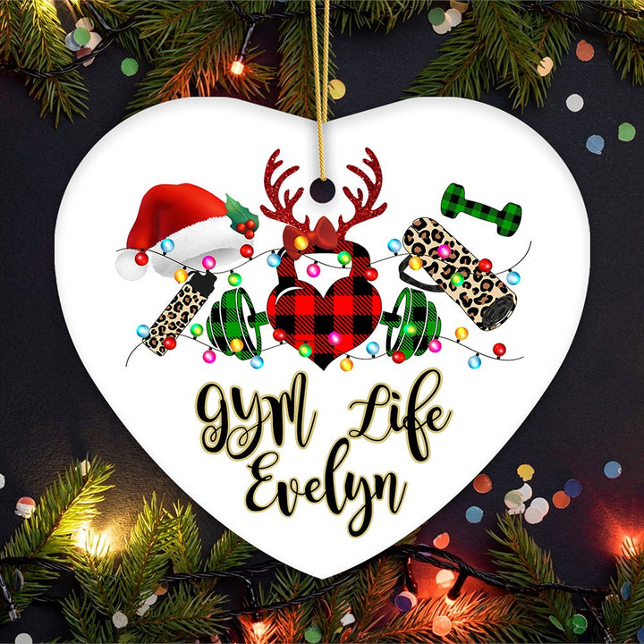 Personalized Gym Buffalo Plaid Leopard Merry Christmas Ornament, Personal Trainer Gift Ceramic Ornament OrnamentallyYou Heart 