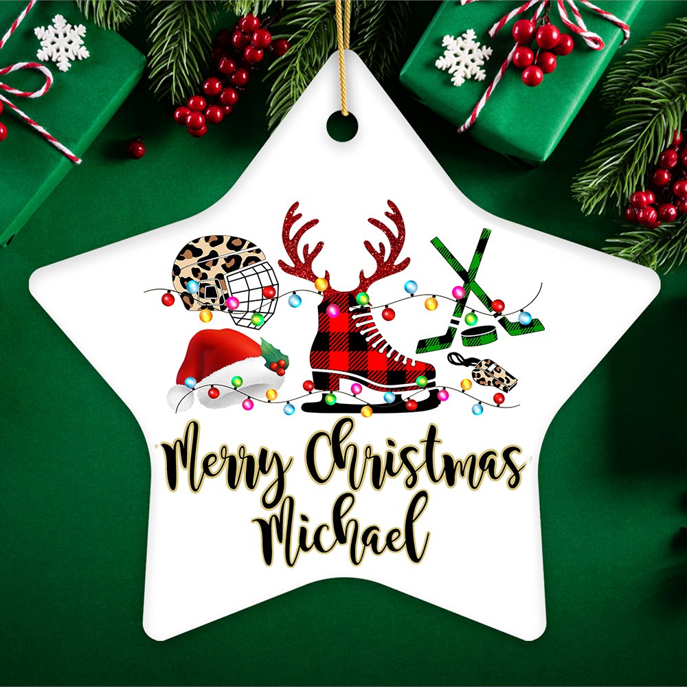 Personalized Hockey Buffalo Plaid Leopard Merry Christmas Ornament, Team and Coaches Gift Ceramic Ornament OrnamentallyYou Star 