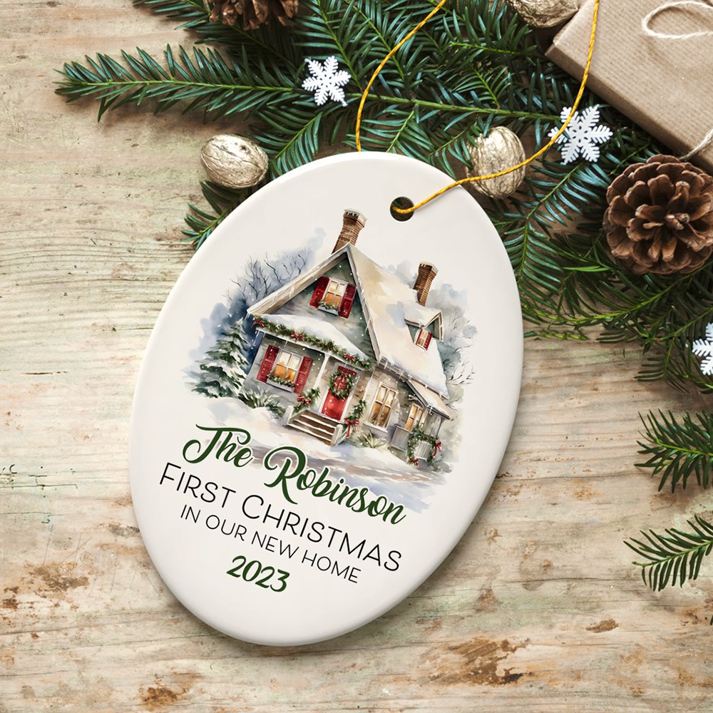 Personalized New Home General Rustic Winter House Theme Christmas Ornament, Watercolor Winter Forest Vintage Cabin Style Ceramic Ornament OrnamentallyYou Oval 