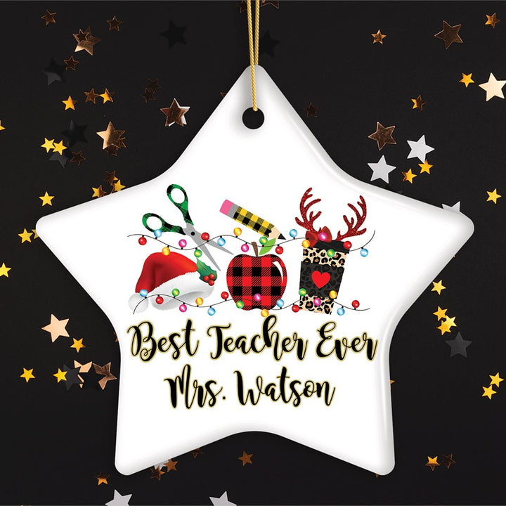 Personalized Plaid Teacher Merry Christmas Ornament, Holiday School Xmas Gift Ceramic Ornament OrnamentallyYou Star 