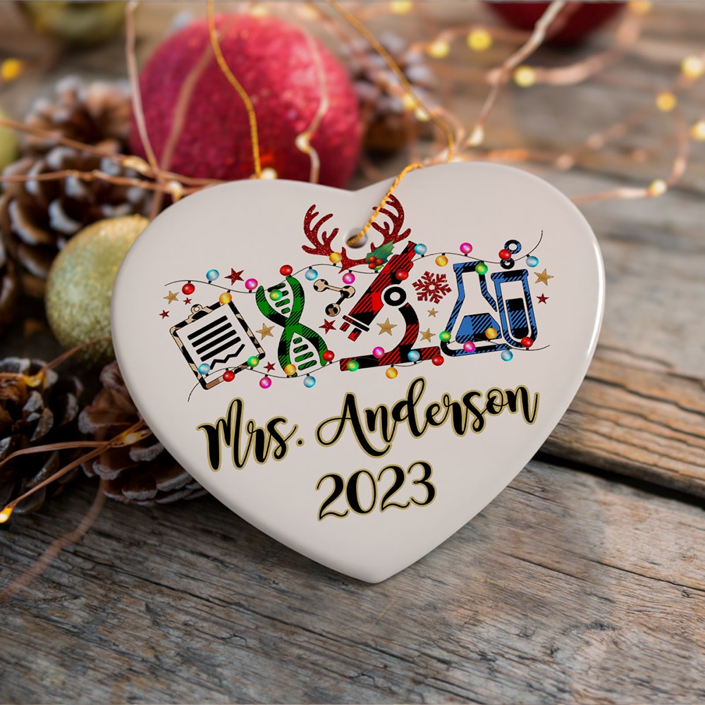 Personalized Science Plaid Christmas Ornament, Gift for Scientist or Researcher, Lab Tools like Flasks and Microscope Ceramic Ornament OrnamentallyYou Heart 
